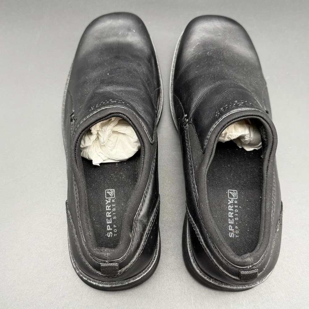 New Sperry Top-Sider Boys Youth 4.5 M Black Leather Slip On Dress Loafers Shoes